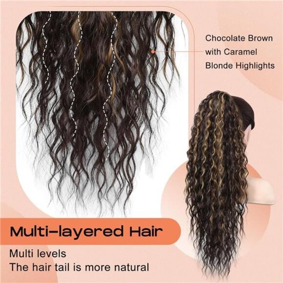 Drawstring Ponytail Extension, Brown Caramel Blonde - Picture 2 of 5